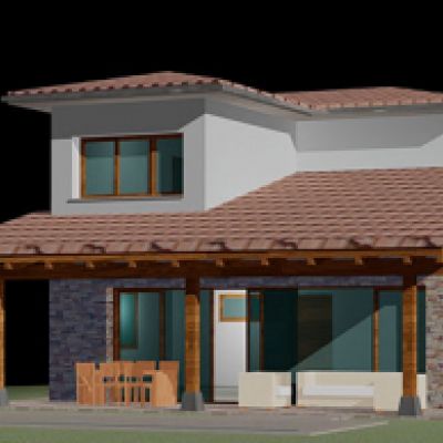 Plano en 3D de alzado de vivienda unifamiliar